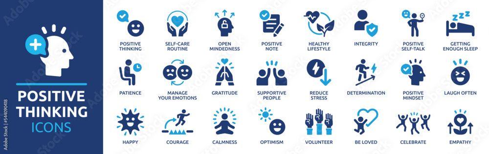 Set of positive thinking icon. Containing self-care, optimism, be loved, healthy lifestyle, happiness, positive mindset and more icons. Solid icon collection. Vector illustration. - obrazy, fototapety, plakaty 