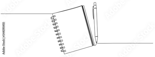 continuous single line drawing of spiral notepad and pen isolated on white, line art vector illustration