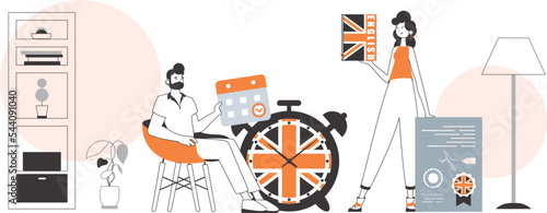 Guy and girl English teacher. The concept of learning a foreign language. Linear style.