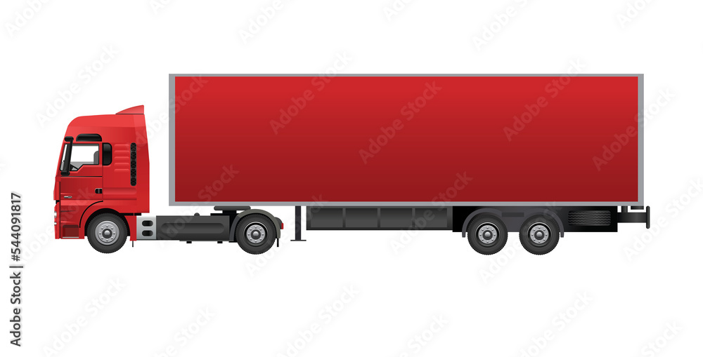 Side view of a modern large red cargo truck with copy space isolated, illustration Side view of a modern large red cargo truck with copy space isolated, illustration