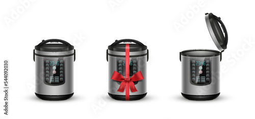 Set of pressure multi cookers, kitchen appliance for food preparation open or with gift ribbon
