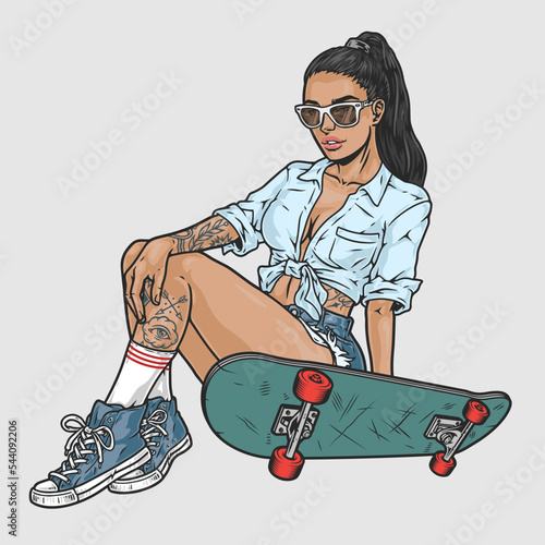 Young girl skateboarder emblem colorful