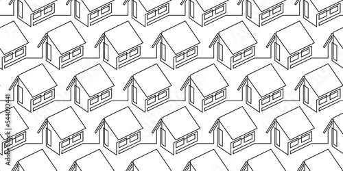 Seamless pattern of isometric houses in continuous line art drawing style. Many typical homes of cottage village black linear design isolated on white background. Vector illustration
