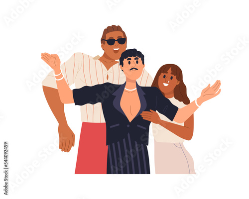 Polyamorous family. Happy LGBT people portrait. Woman with multiple love partners, bisexual men. Characters friends in polyamory relationship. Flat vector illustration isolated on white background photo
