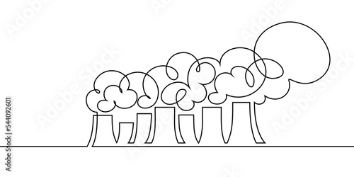 Cooling towers of power station or heavy industry plant in continuous line art drawing style. Harmful emissions for environment. Black linear design isolated on white background. Vector illustration