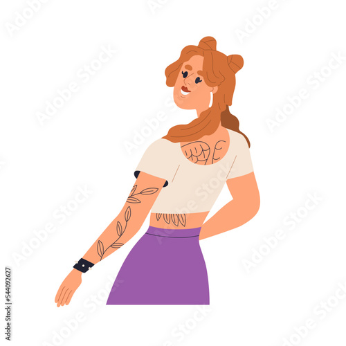 Young modern woman with tattoos on body skin. Happy creative girl looking bac...
