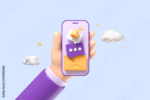 3D Hand holding mobile phone with messages. Form notification in smartphone. Online quiz. Cartoon creative design icon isolated on blue background. 3D Rendering