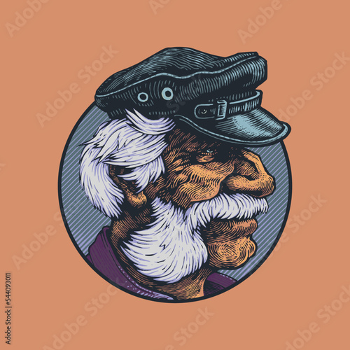 Old man with gray hair, mustache and sideburns. An old sea wolf in a peaked cap in a round emblem. Hand drawn portrait in engraving style. Vector Illustration.