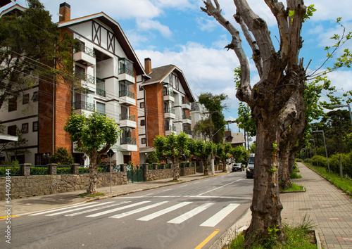 Main avenue of Campos do Jordão, Brazil, with rows of trees and buildings with typical Swiss architecture