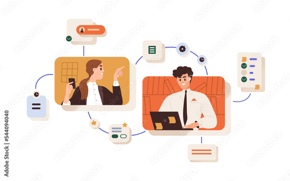 Online business communication, remote work process concept. Boss, manager giving tasks and feedback about project to employee. Distant workflow. Flat vector illustration isolated on white background - obrazy, fototapety, plakaty 
