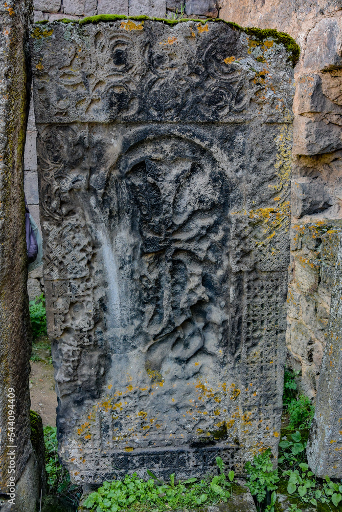 The cross-stones in Tatev monastery, Armenian Apostolic monastery of the 9th century, Armenia. May 5, 2019.