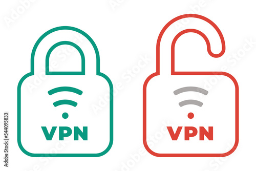 VPN icon with good and bad connections. Lock icon with VPN text, line icon, editable stroke