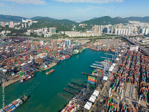 Top view of cargo terminal port in Hong Kong city