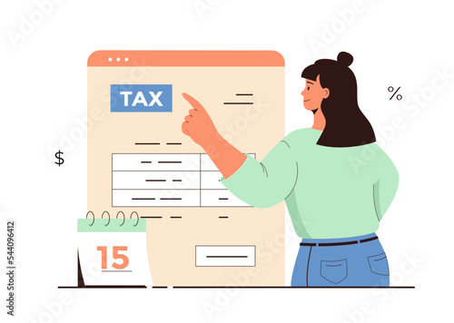 Online tax payment vector illustration. Government taxation concept. Tax calculation, making income tax return. Personal financial account. Young woman pay tax bills online on the website form.
