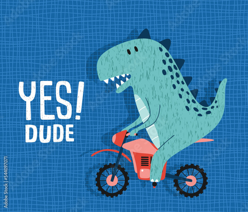 Cartoon dinosaur riding a motorcycle. Cute dino on a motorbike.