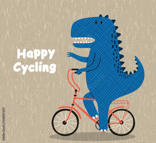 Cartoon dinosaur riding a bike. Cute dino on a bicycle.