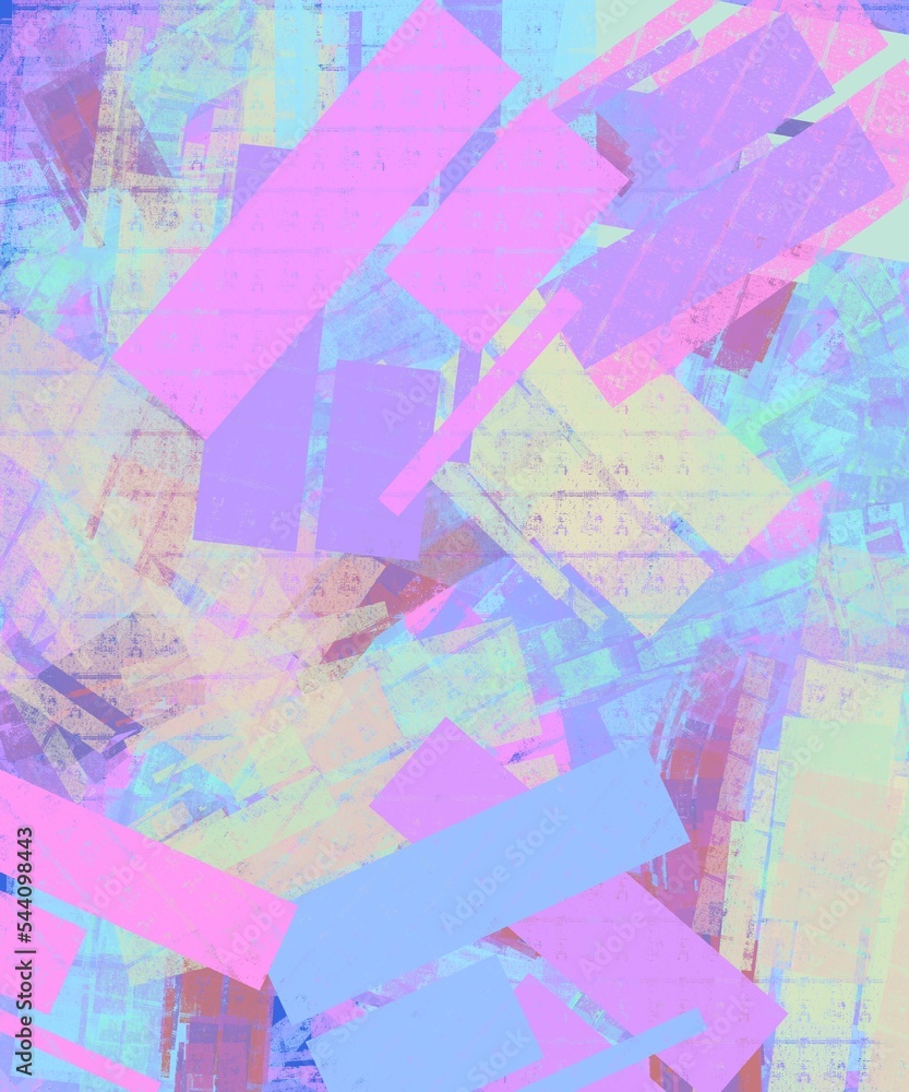 Abstract geometric background with bright rectangles.  Pink, yellow, purple and blue flowers.  disco style