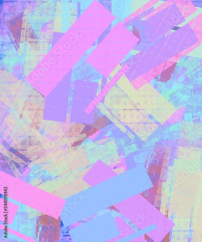 Abstract geometric background with bright rectangles. Pink, yellow, purple and blue flowers. disco style