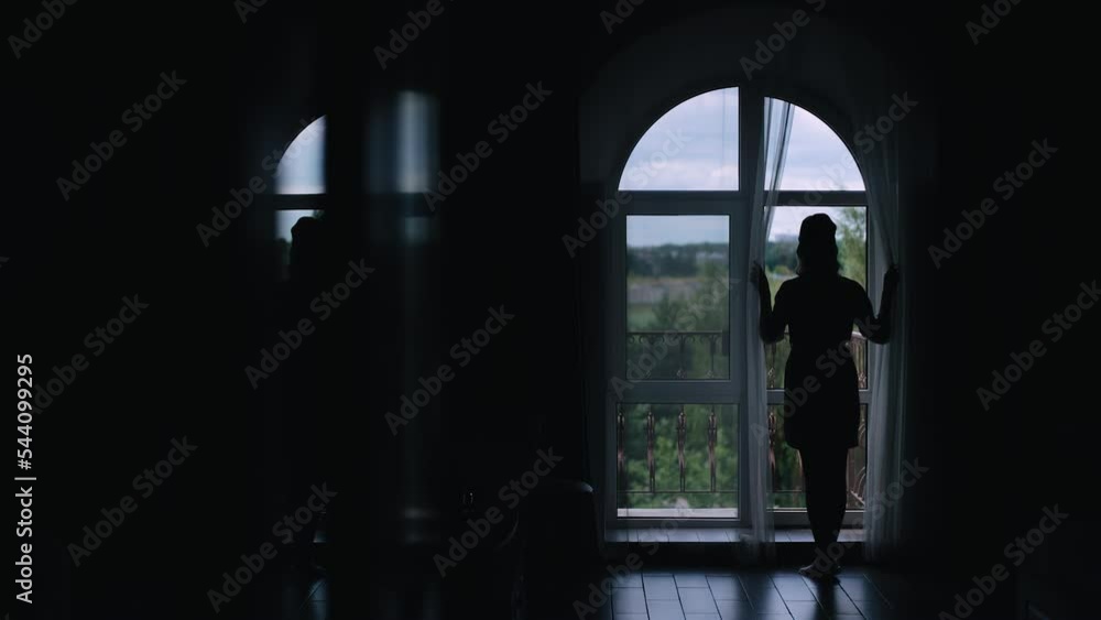 The girl stands in front of a large window and looks out at the street. The silhouette of a girl in front of the window is visible The girl stands in front of a large window and looks out at the street. The silhouette of a girl in front of the window is visible