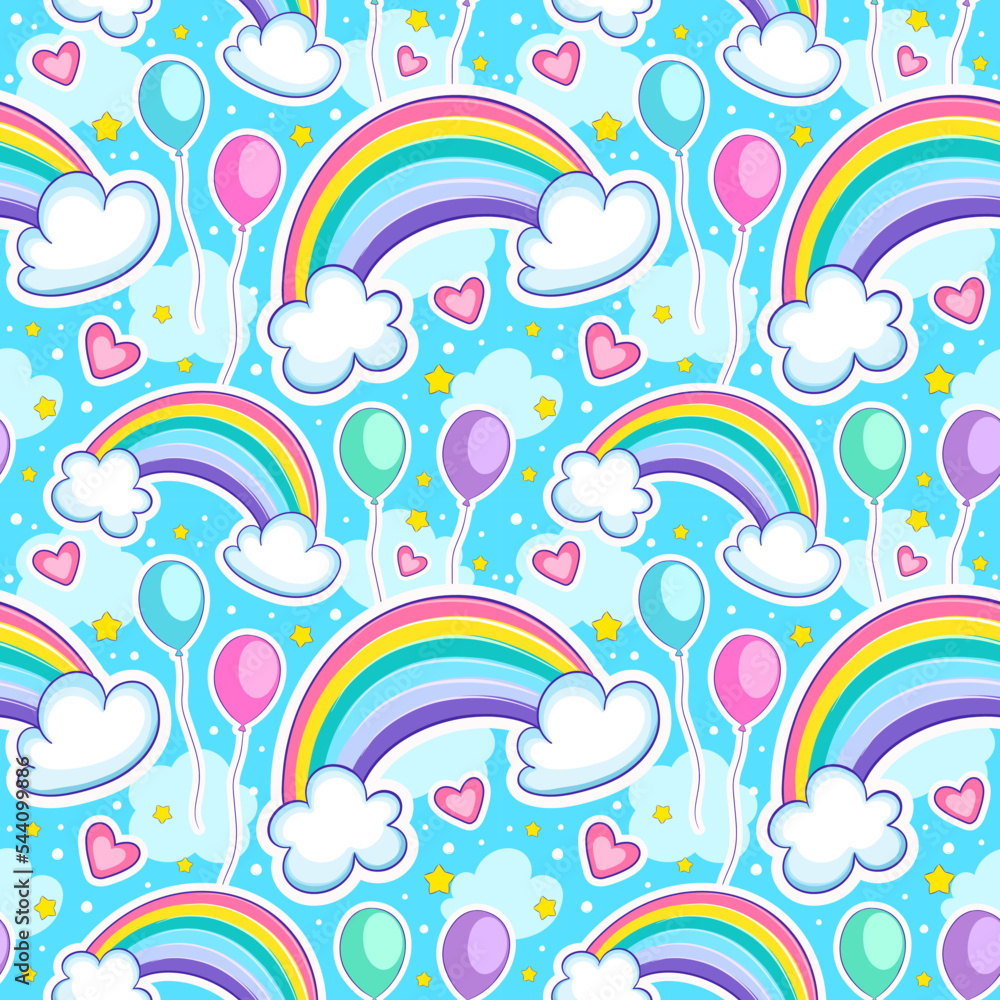 seamless background with rainbow and clouds, vector endless texture for gift wrapping or textile design