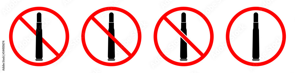 Bullet ban sign. Cartridge is forbidden. Set of red prohibition signs of bullet. Vector illustration Bullet ban sign. Cartridge is forbidden. Set of red prohibition signs of bullet. Vector illustration