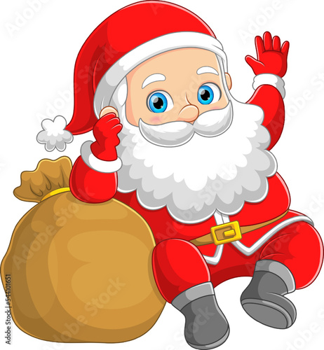 The cute santa claus with the big sack full of gift is waving the hand