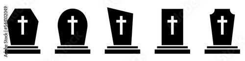 Cemetery gravestones. Set of black icons of different tombstone. Vector illustration.
