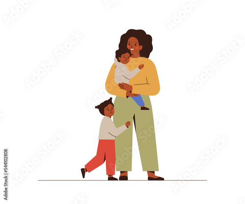 Single Mother and her children happy together. African American Woman holds with her son and daughter stand and hugging. motherhood concept. Friendship, love and care in family. Vector illustration