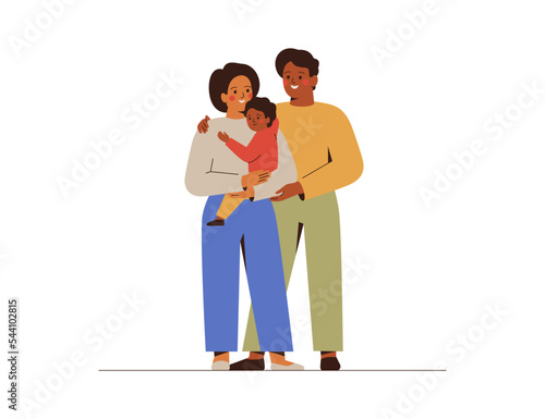 Multicultural family with one child. Young couple embrace their baby boy. Man and woman hug their toddler with love and care. Adoption and parenthood concept. Vector illustration