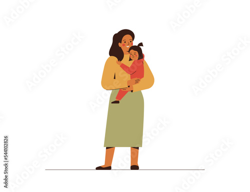 Mother and daughter happy together. Woman holds on hands her baby girl with love and care. Mom and her child hugging. Happy parenthood concept. Friendship and unity in family. Vector illustration