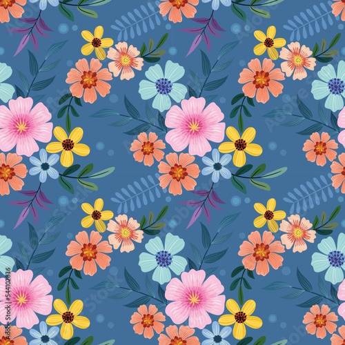 Wallpaper Mural Colorful blooming flowers on blue color background seamless pattern for fabric  textile  wallpaper. Torontodigital.ca