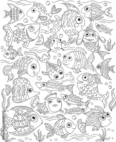fish pattern outline doodle anti-stress  various poses and situations  drawing  vector  images  cartoon