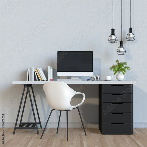 3D render of interior living room workspace with desk and desktop computer
