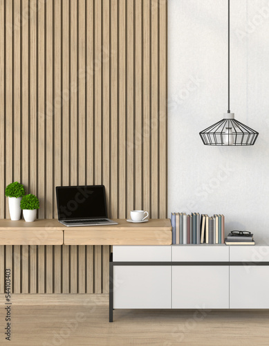 Wallpaper Mural 3D render of interior modern living room workspace with laptop computer Torontodigital.ca