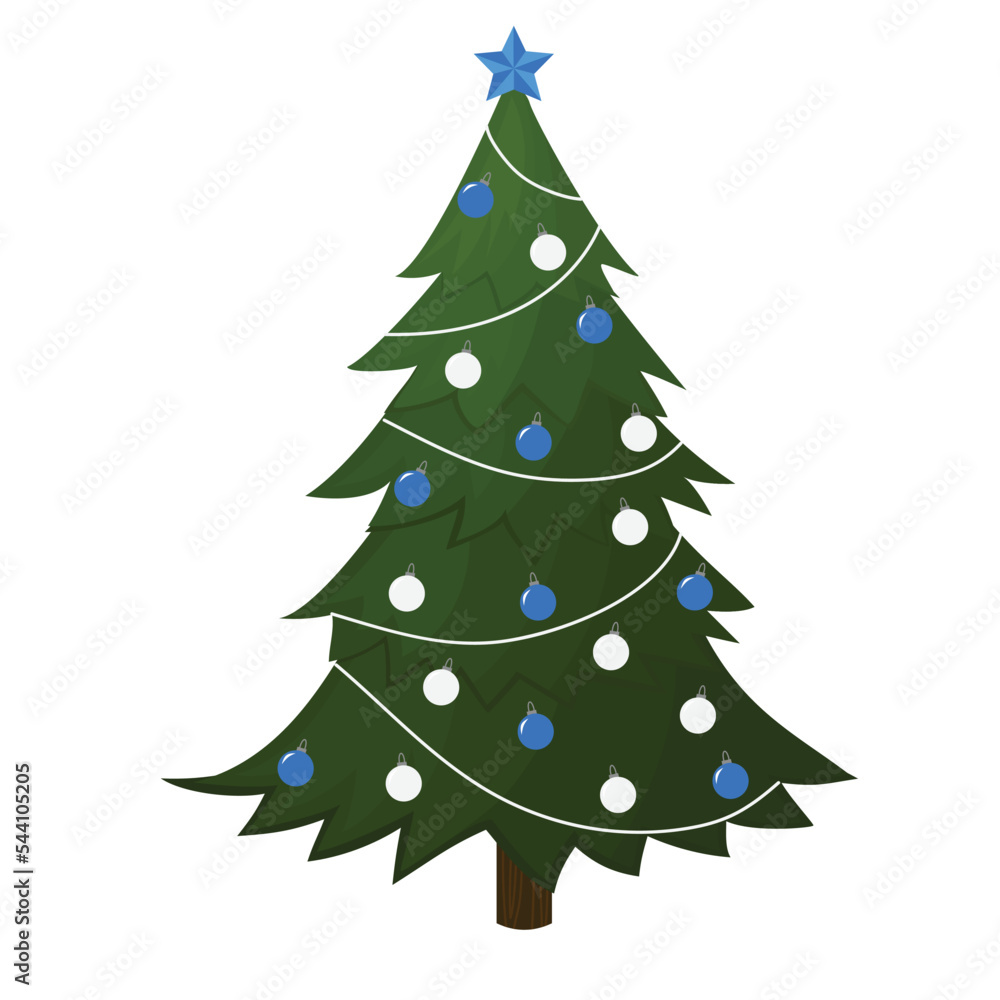 Fototapeta premium Spruce with decoration. Christmas tree isolated on white background. Vector illustration.