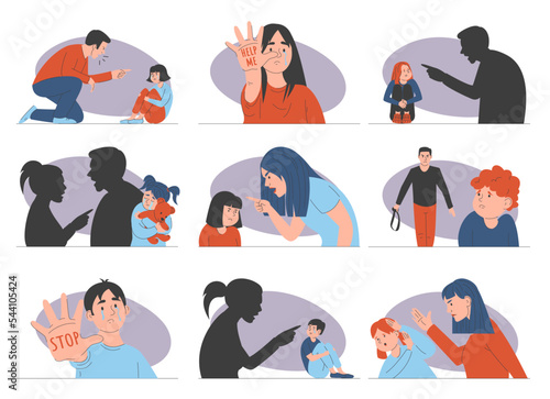 Abuse in family set vector isolated. Collection of illustrations of parents screaming at children and beating them. Angry mother and father shouting at crying kid. Unhappy family.