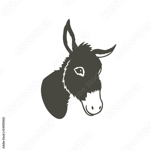 .Donkey head silhouette. Realistic animal portrait. Vector monochrome illustration.