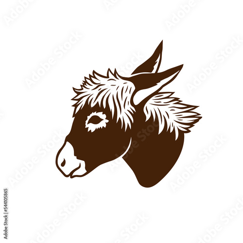 .Donkey head silhouette. Realistic animal portrait. Vector monochrome illustration.