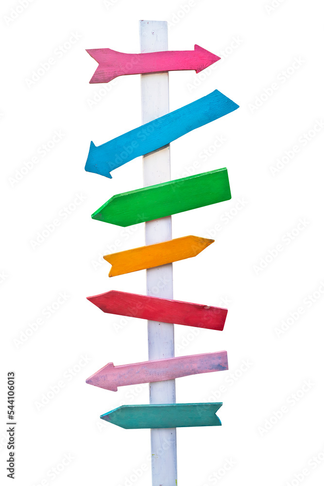 Colorful wooden direction arrow signs on a wooden pole Colorful wooden direction arrow signs on a wooden pole