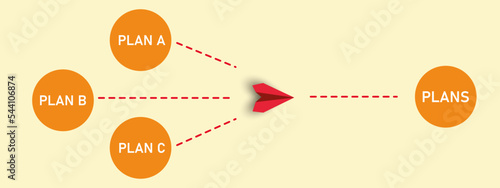 Red airplane flying from Plan A,Plan B,Plan C to Plans.new blueprint idea concept. business creativity new idea discovery innovation technology.