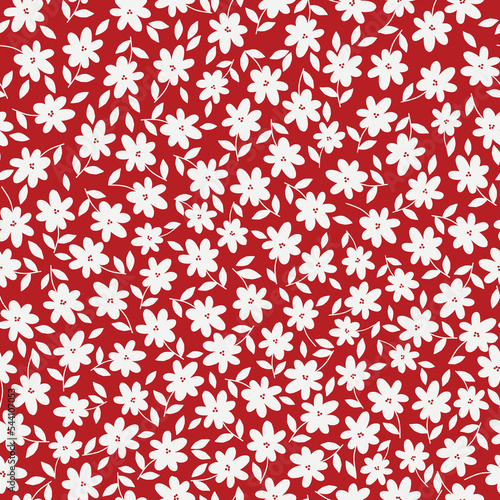 Cute floral pattern. Seamless vector texture. An elegant template for fashionable prints. Print with white flowers and leaves . red background.