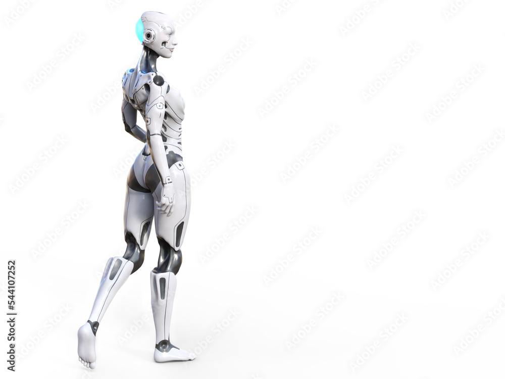 3D rendering of a female android with white background.
