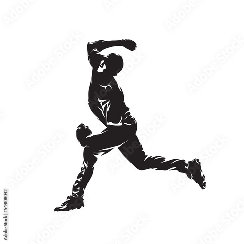 Baseball player throwing ball, isolated vector silhouette, ink drawing. Side view. Team sport athlete