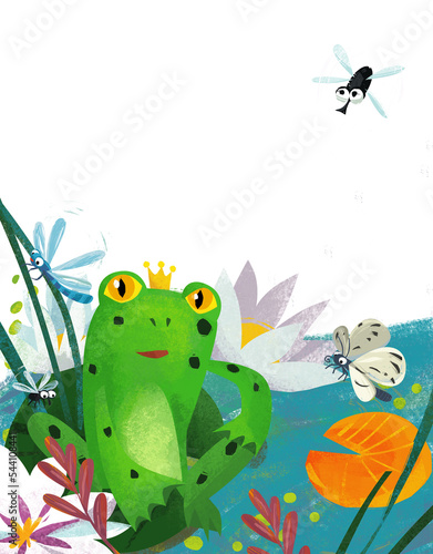 cartoon frog and funny bugs insects flying illustration