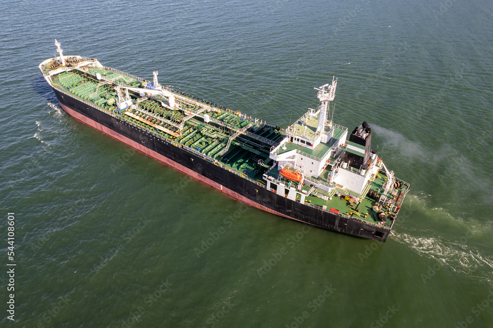 Aerial view of big oil, chemical tanker. Tanker ship logistic and transportation business oil and gas industry.