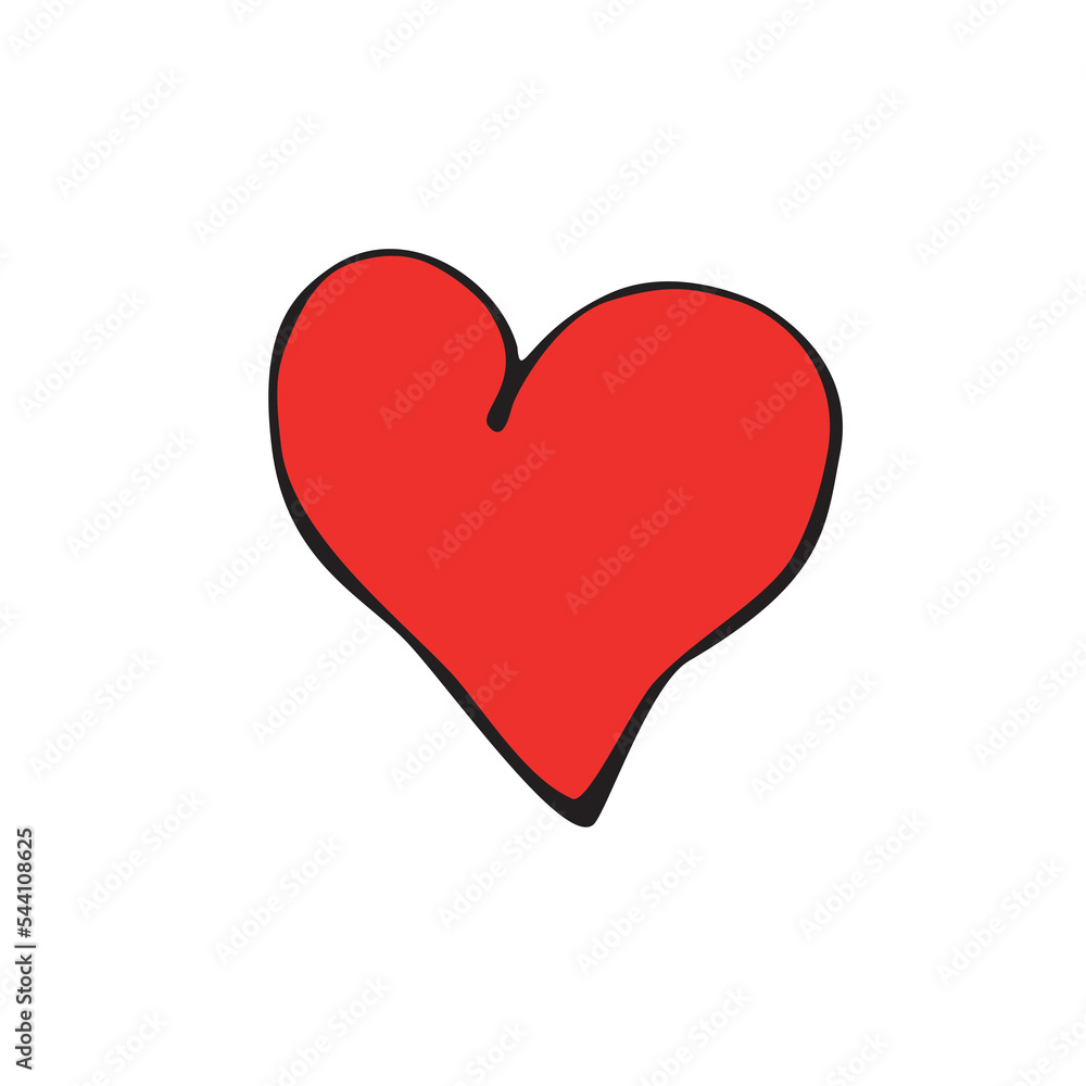 Red heart in style of doodle on white background. Vector clip art, decoration for Valentine's day, love romantic design