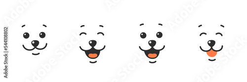 Various dog face icons. Happy pets face with cute smile, tongue hanging out, with open and closed mouth. Vector illustration isolated on white background.