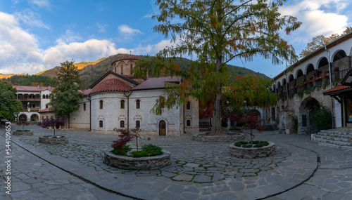 view of the Bachkovo Monastery complex and courtyard in Bulgaria