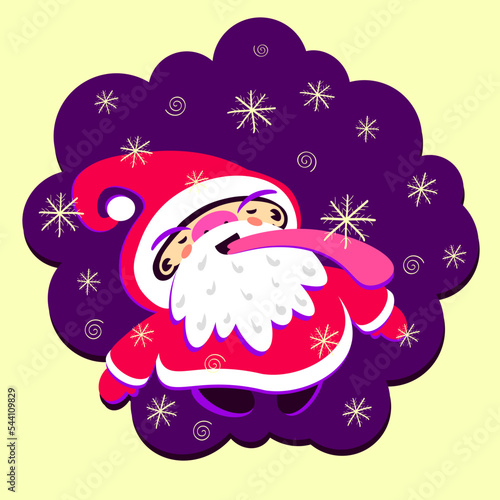 Little cute cartoon Santa Claus catches snowflakes with his tongue.  Hand drawn flat style. Christmas merch. Bright colors  modern doodle vector illustration. Isolated on white background. 
