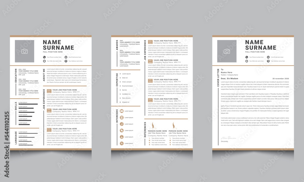 Obraz premium Professional Resume CV Templates with Cover Letter Layout Photo Placeholder 
